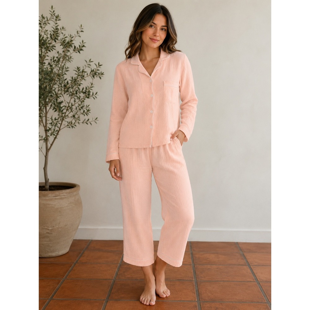 The Fleece Company Womens Cotton Gauze Pajama Set Peach Pink Size M Loungewear